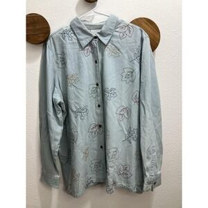 Vintage Blair Embroidered Leaves Faded Blue Denim Button Up Womens XL NatureCore